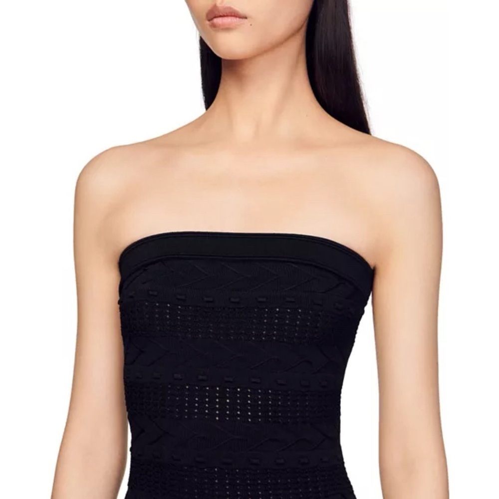 NWT Sandro Maldives Knit Fringe Strapless Dress Black Tight Bodycon Sz 40 - Picture 2 of 14